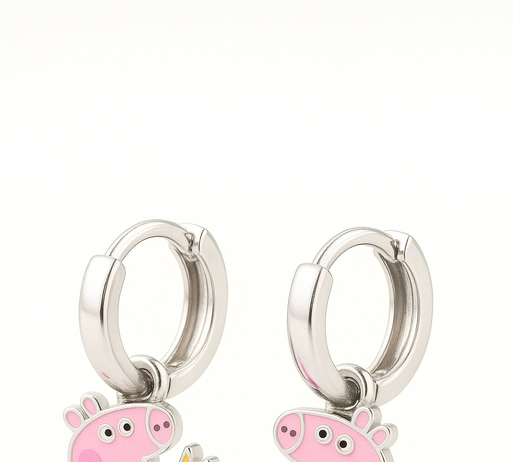 925 Sterling Silver Sweet Peppa Pig Cartoon Hoops – Kid’s Earrings