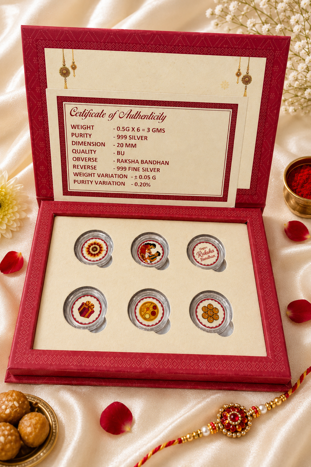 Box of Blessings Rakhi Gift – 999 Pure Silver Coin Gift set ( 0.5 g each * 6 = Total 3 grams )