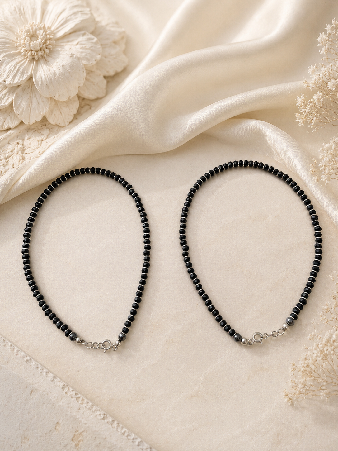 925 Sterling Silver Black Beads Nazariya Anklet | Single