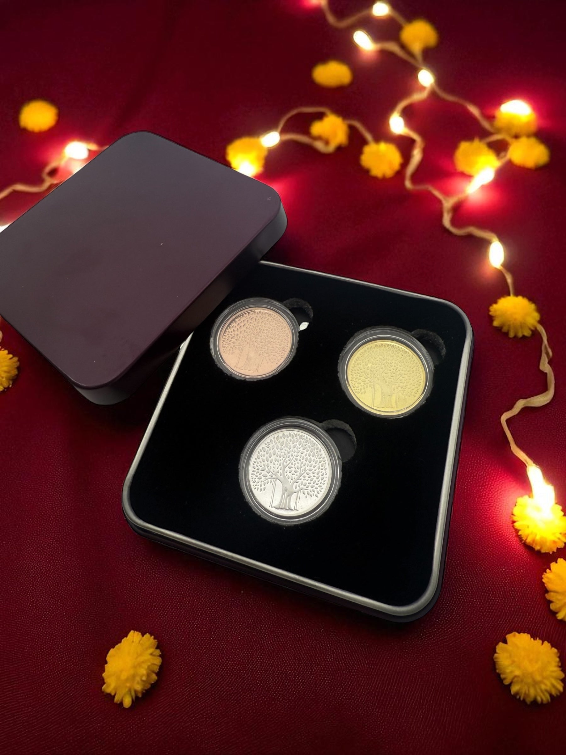 999 Pure Silver Banyan Tree Tri-Color Coin Set 9 grams – 3x3 grams(Round) | FESTIVE COIN GIFTING