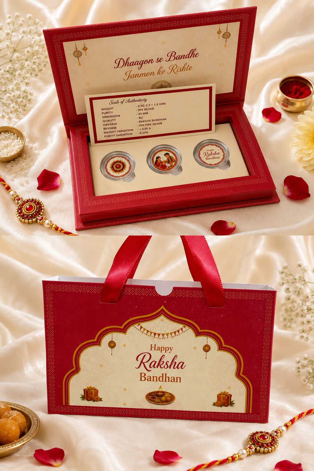 Box of Blessings Rakhi Gift – 999 Pure Silver Coin Gift set ( 0.5 g each * 3 = Total 1.5 grams)