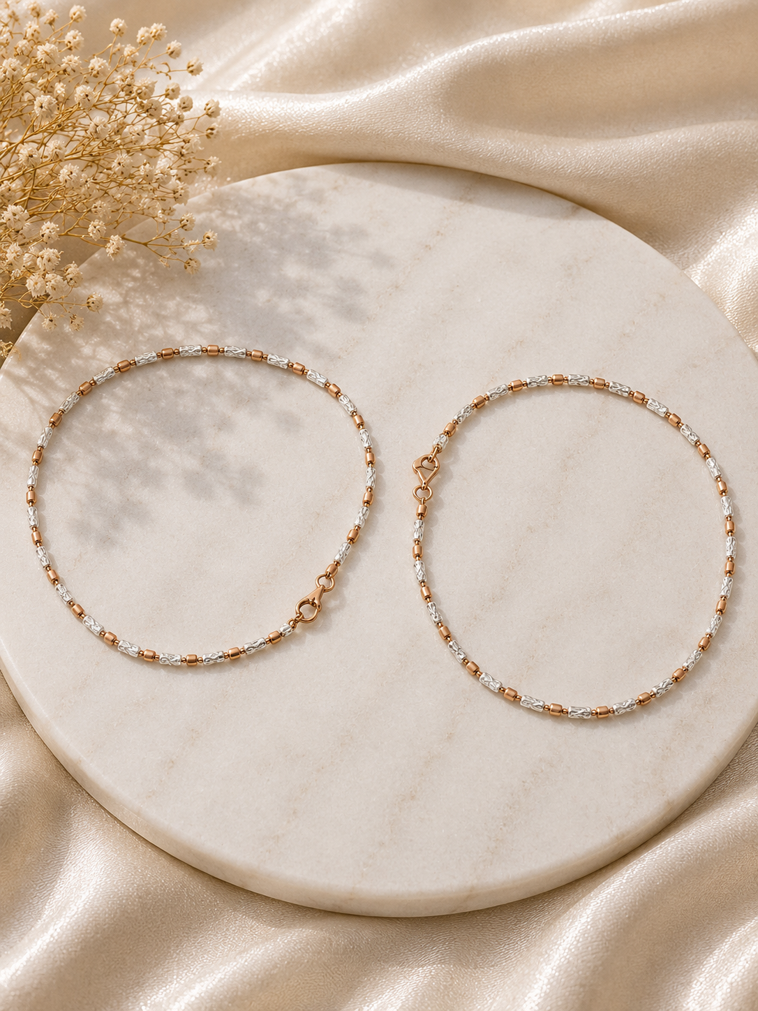 925 Sterling Silver Rose Silver Beaded Anklets | Pair