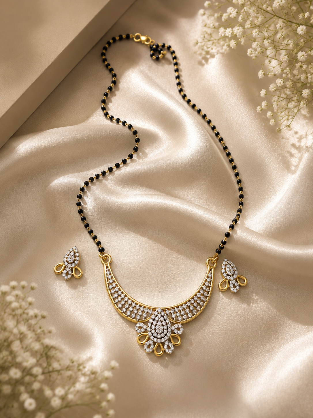 925 Sterling Silver Petal Crest Mangalsutra with Earrings
