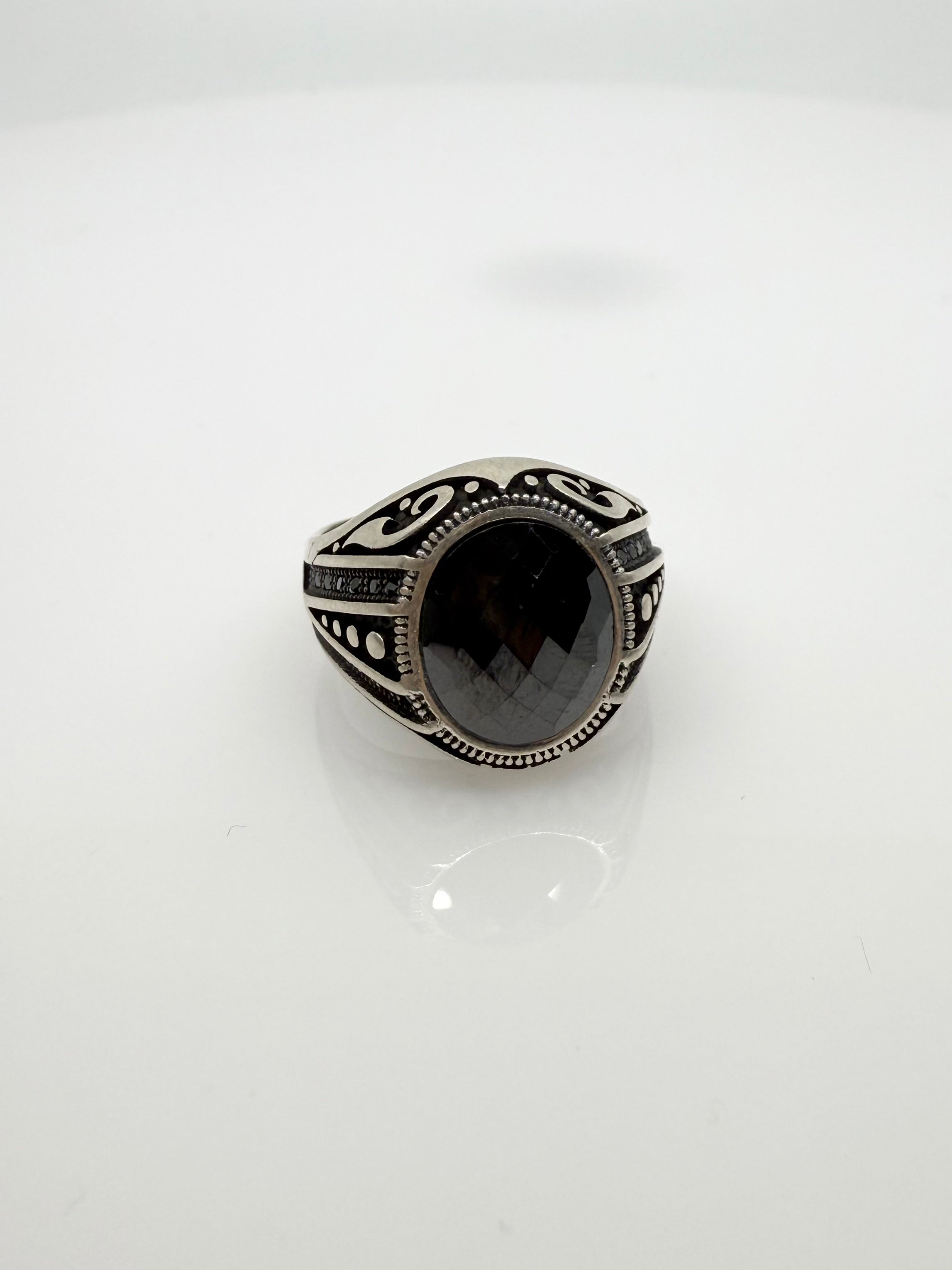 925 Oxidised Silver Ring for Men | Oval Black Stone