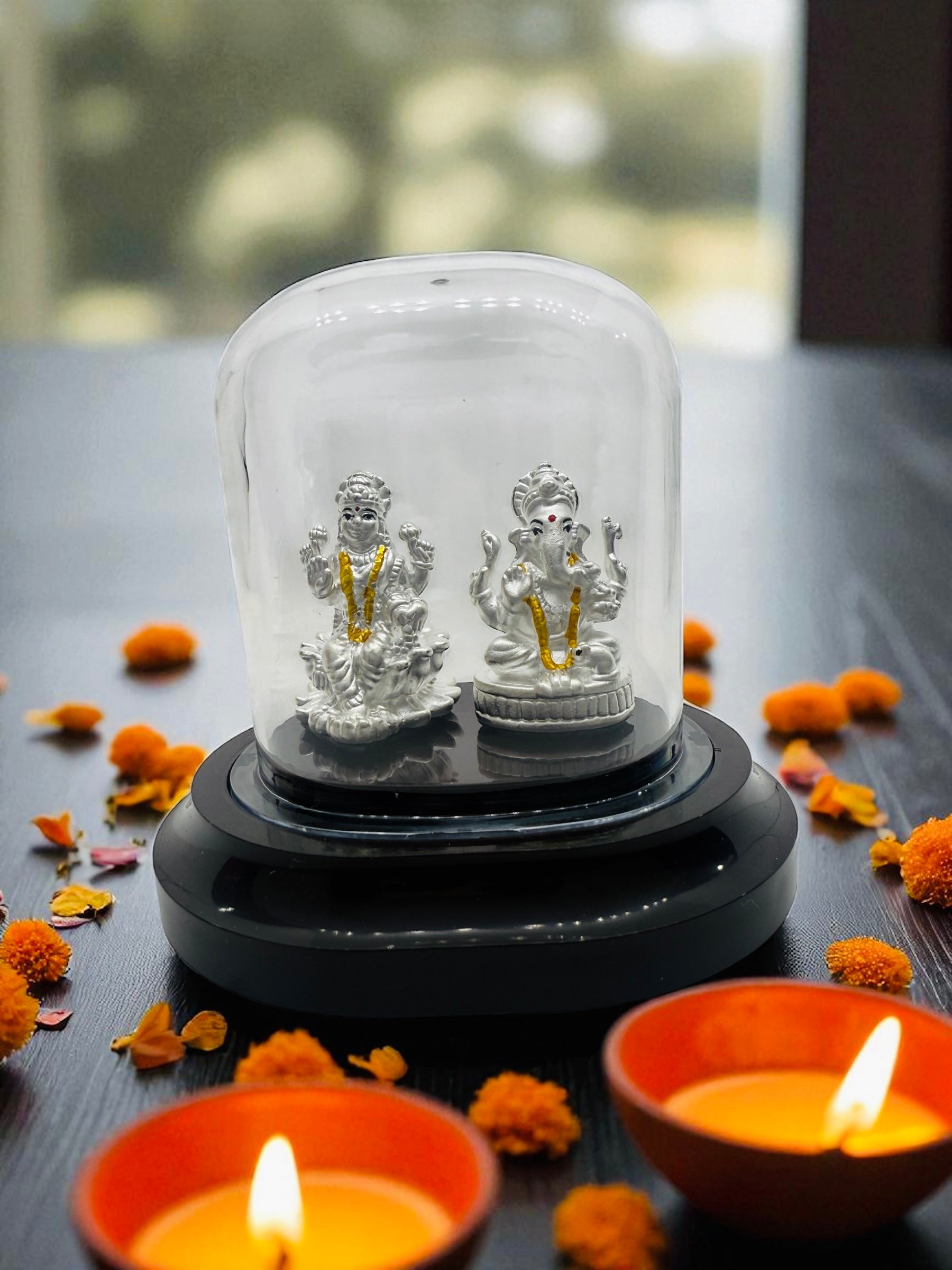 Emerald Pure 999 Silver Lakshmi Ganesh Idol with Acrylic Base For Pooja/ Gift