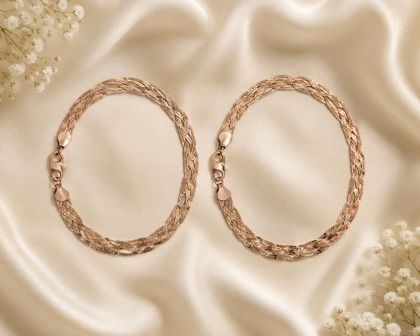 925 Sterling Silver Rose Gold Braided Anklets | Pair