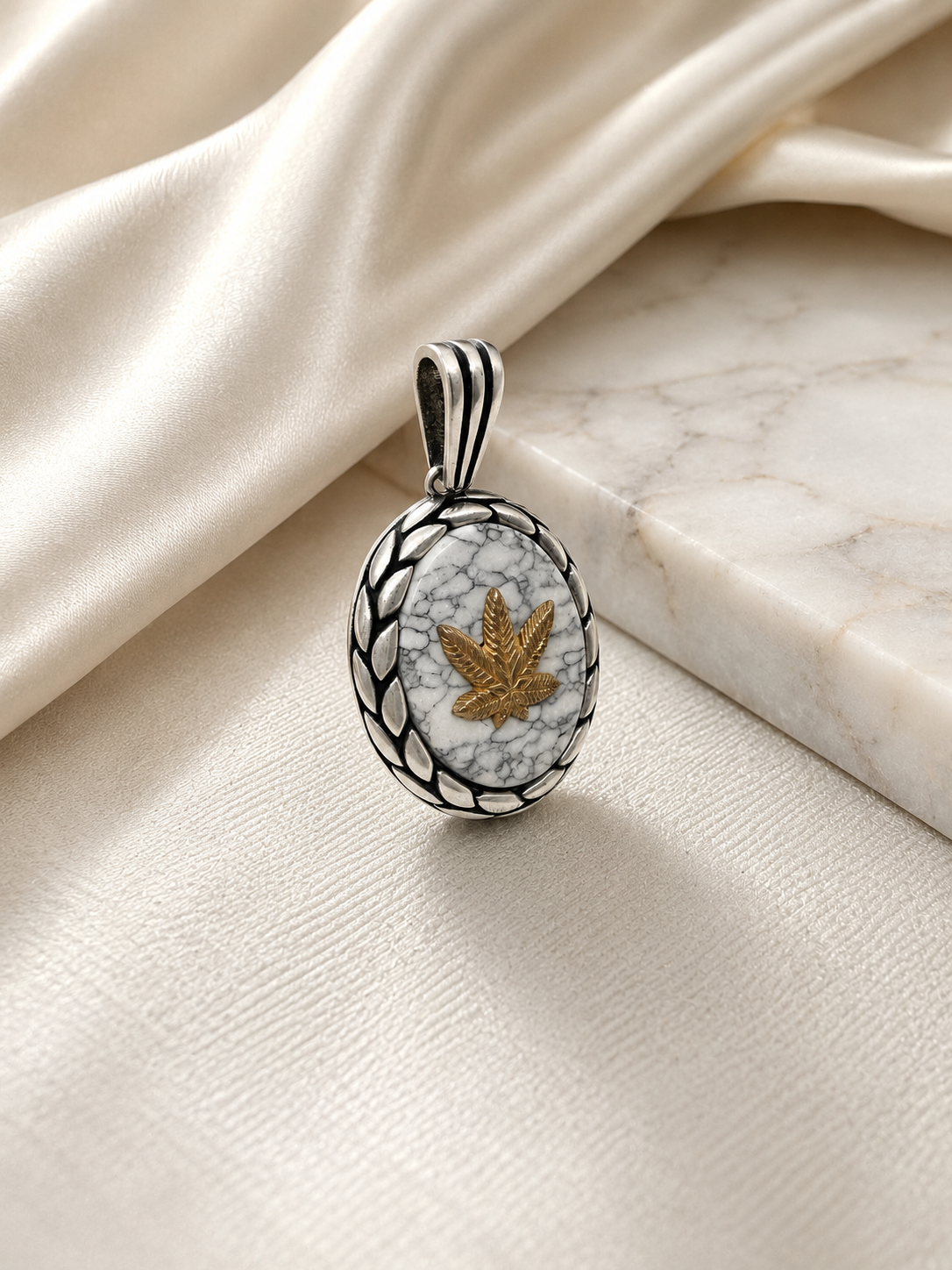 925 Sterling Silver White Howlite Leaf Men’s Pendant