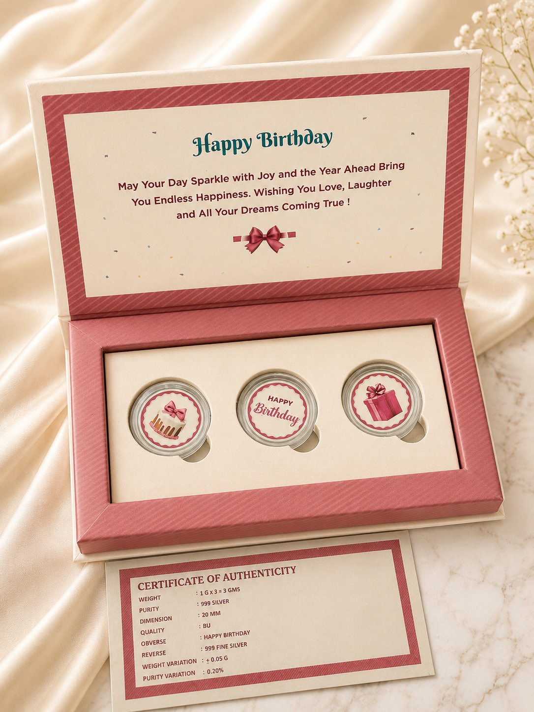 999 Pure Silver Happy Birthday Celebration Coin Gift Set (3 x 1g)