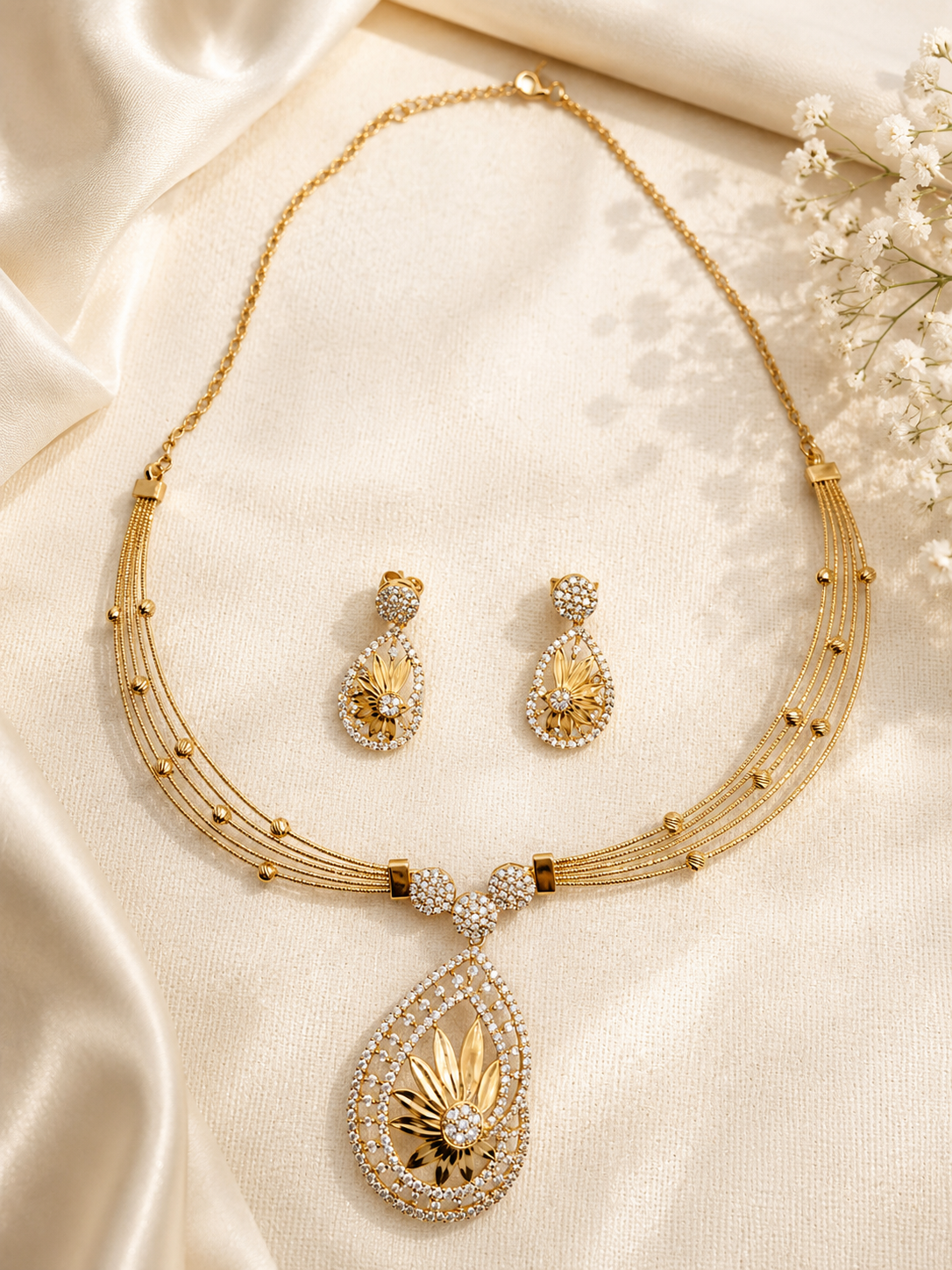 925 Sterling Silver Golden Bloom Necklace Set