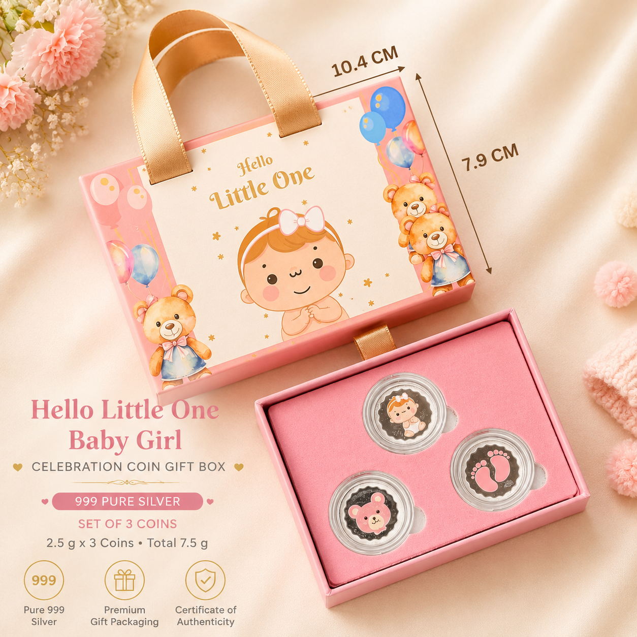 999 Pure Silver Baby Girl Premium Gift Box – Set of 3 Coins (2.5 g x 3= 7.5 grams)