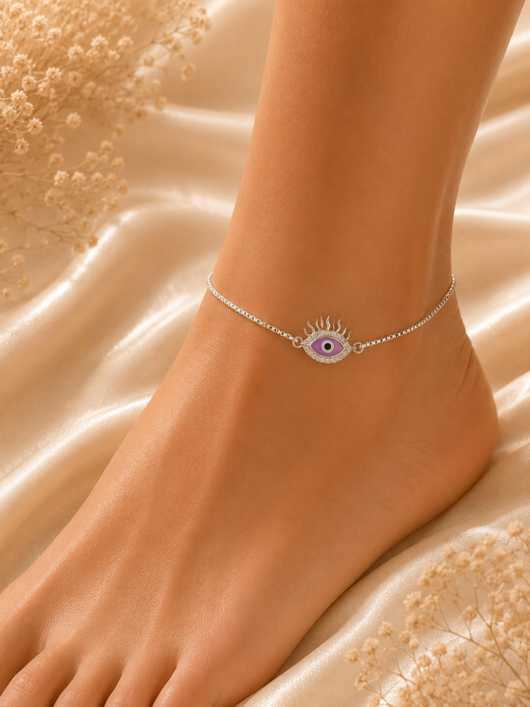 925 Sterling Silver Lavender Evil Eye Anklets | Pair