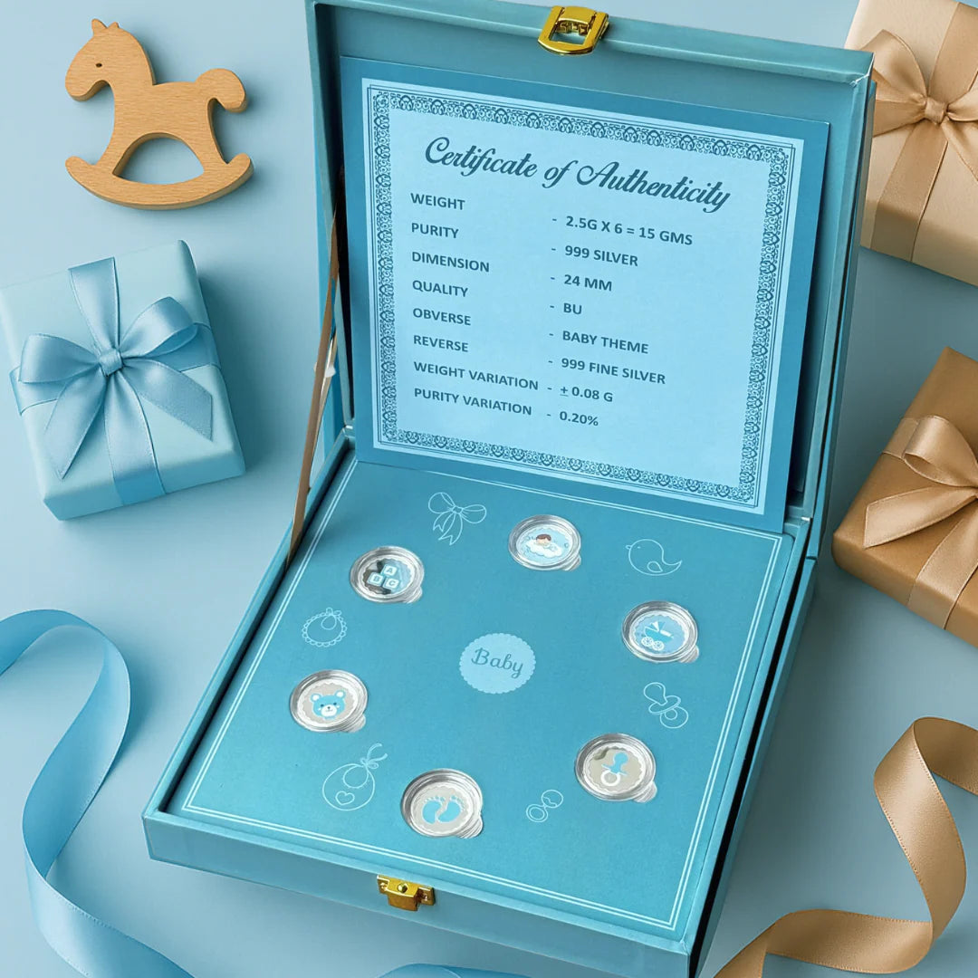 Hello Little One Baby Boy Box 15 gram 6 silver coins (2.5 gram Each) - 999 PURE SILVER |                                                New Born Baby Coin, Return Gifts For Baby Shower, Silver Coin For Gift | For Kids 999 Purity Silver Coins