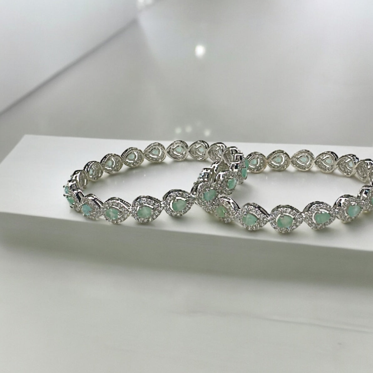 925 Sterling Silver Set of 2 Sea Green Bangles with AD/CZ Diamonds | Party wear Jewellery