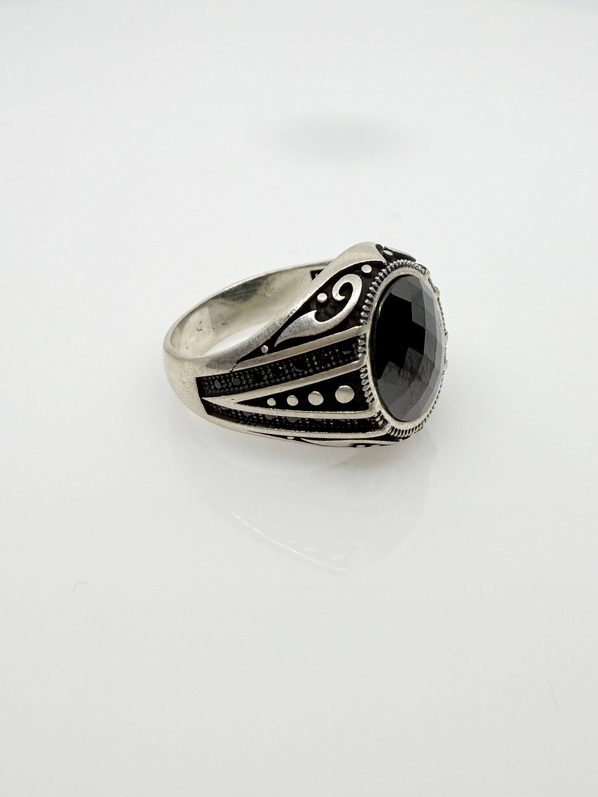 925 Oxidised Silver Ring for Men | Oval Black Stone