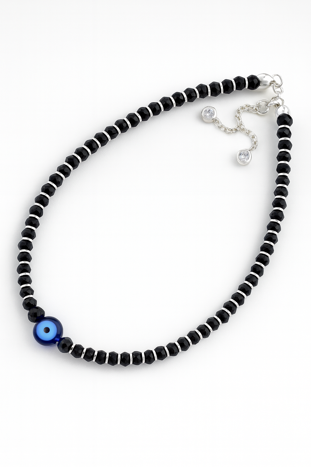 Evil Eye Black Beads Silver Anklet | Adjustable Style