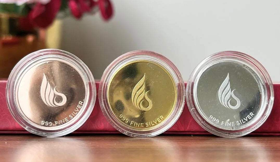 999 PURE SILVER BANYAN TREE TRI-COLOR COIN SET 7.5 GRAMS – 3X2.5 GRAMS(ROUND) | FESTIVE COIN GIFTING