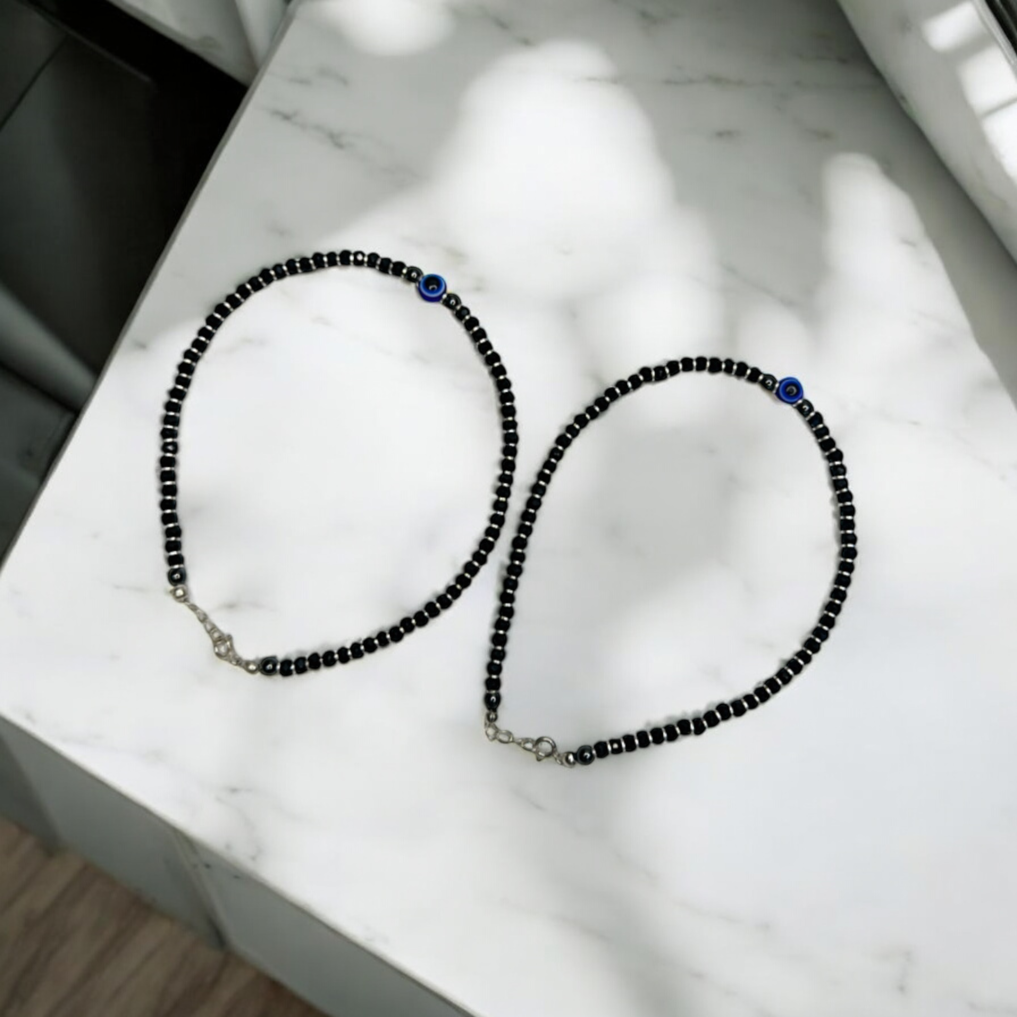 Evil Eye Silver Anklets | Black Beads Anklets | Hook Style