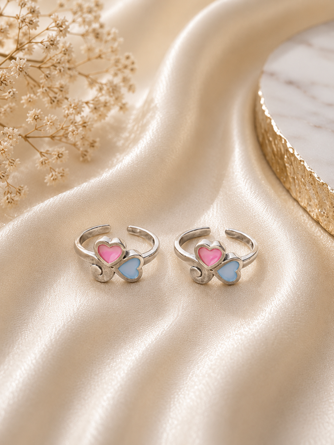 925 Sterling Silver Twin Hearts Toe rings (2 rings) | Free Size