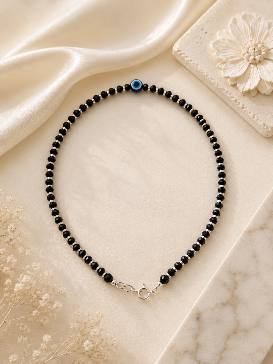 925 Sterling Silver Black Beads Evil Eye Nazariya Anklet | Single