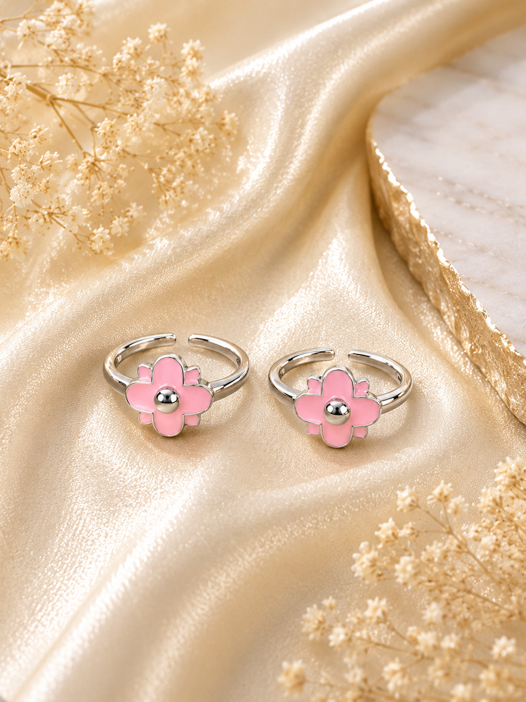 925 Sterling Silver Pink Flower Toe rings ( 2 rings) | Free Size