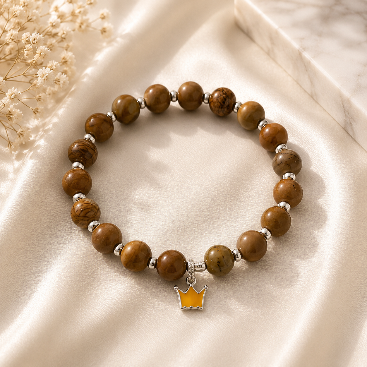 Brown Agate Stretchable Bracelet – 925 Sterling Silver | Unisex