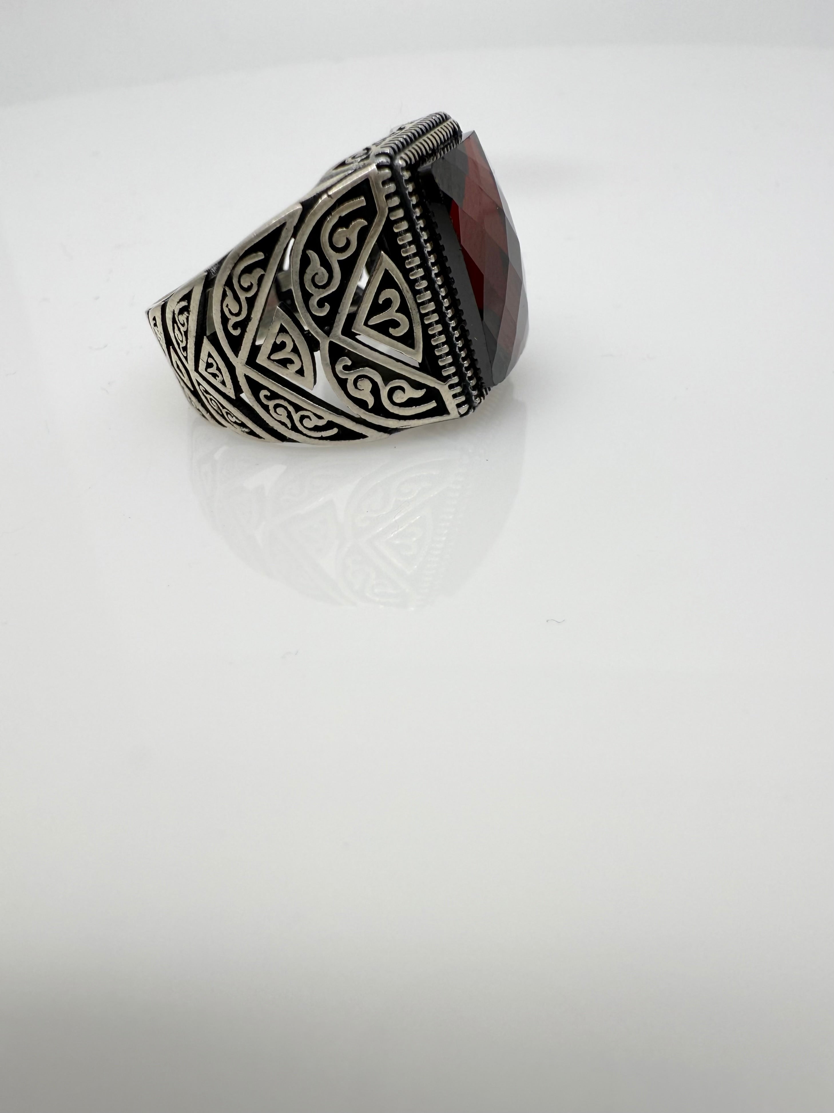925 Oxidised Silver Ring for Men | Rectangular Red Stone | Bold Look