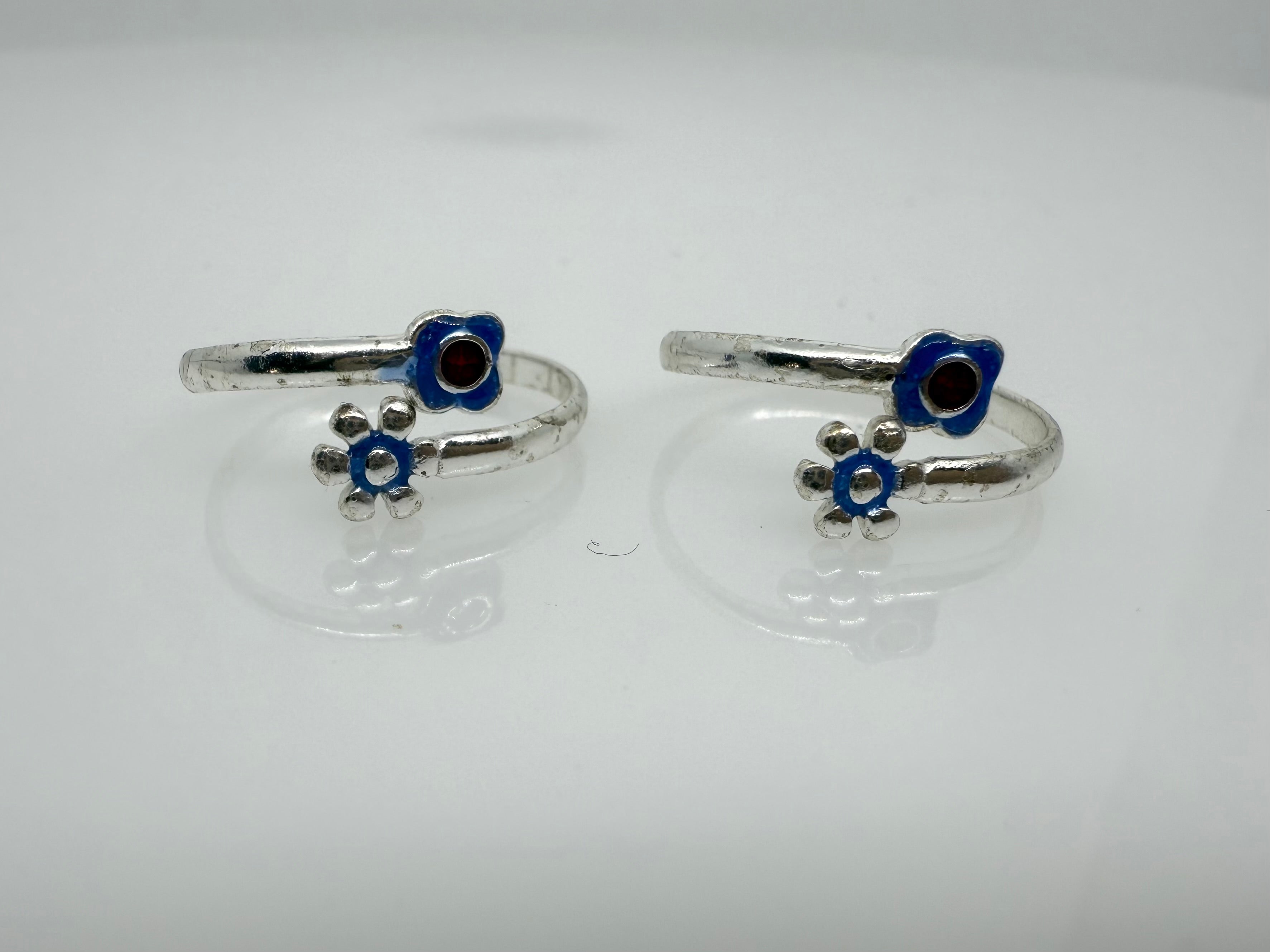 925 Oxidised Silver Toe Rings (2 Rings) Blue Flower | Free Size