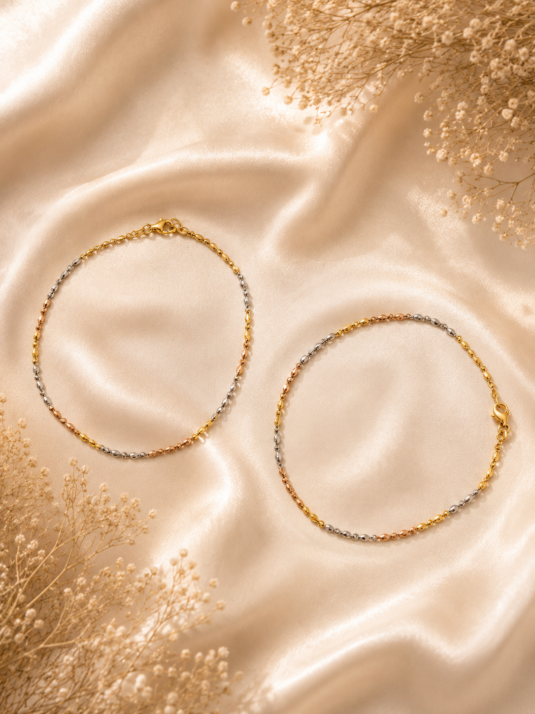 925 Sterling Silver Tri Color Anklets | Pair
