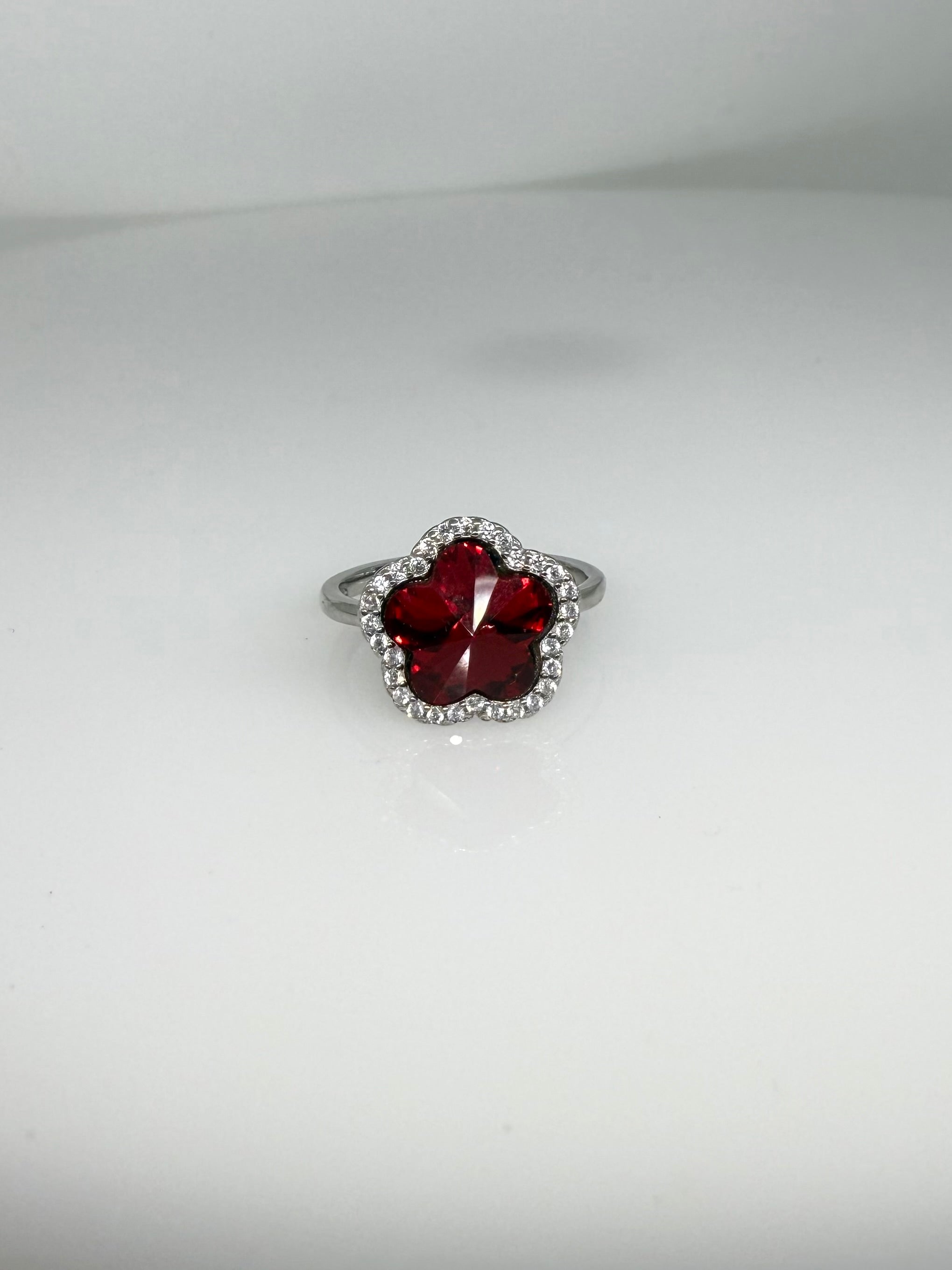 925 Sterling Silver Ruby Flower Women Ring