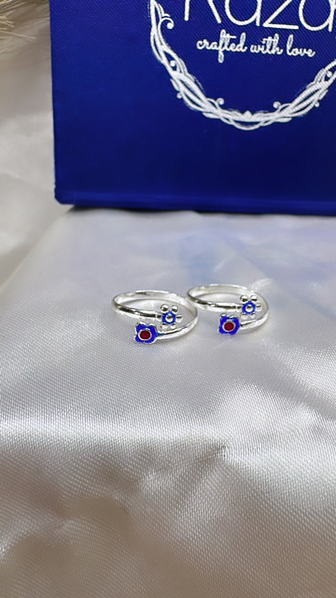 925 Oxidised Silver Toe Rings (2 Rings) Blue Flower | Free Size