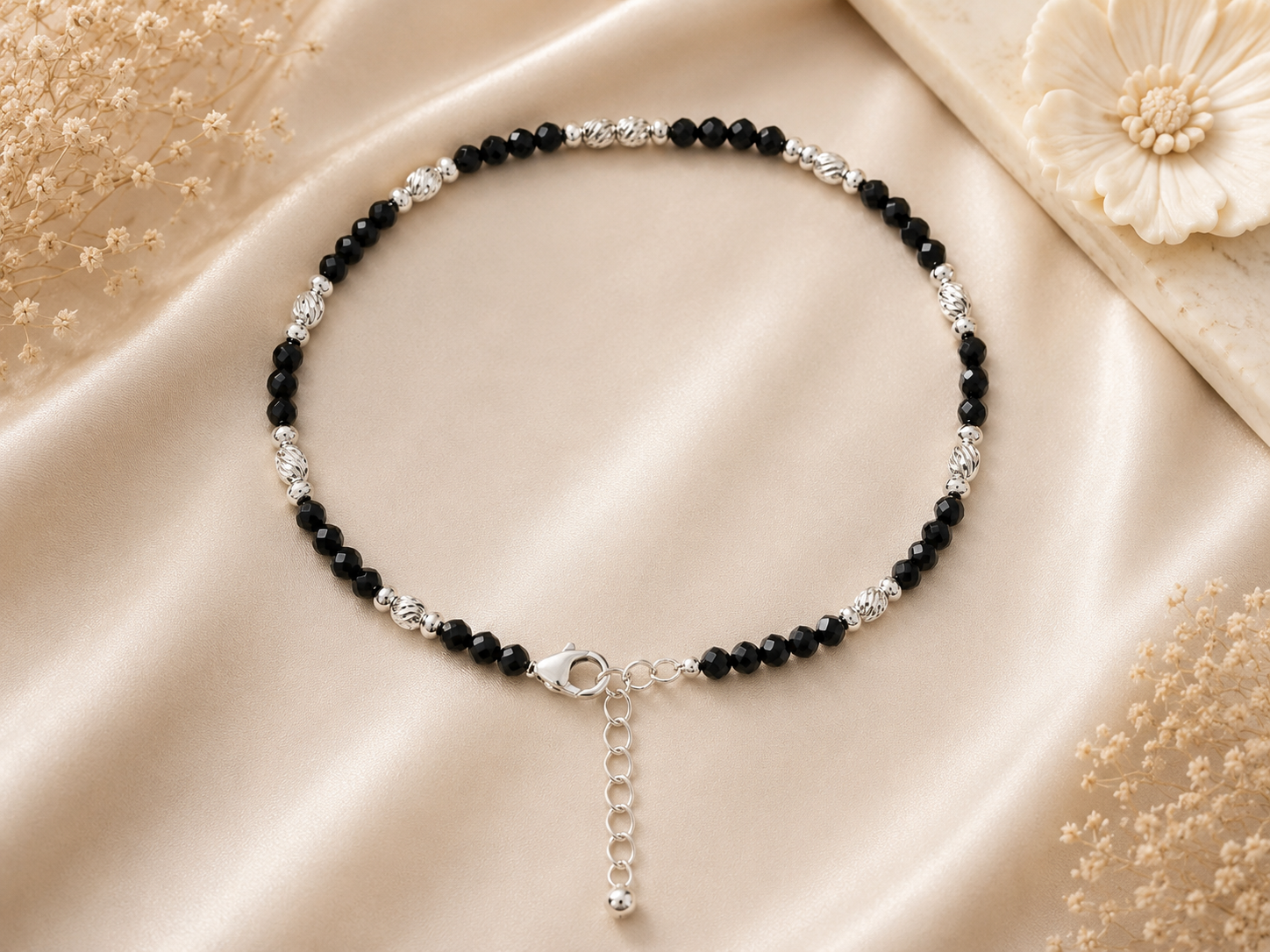 925 Sterling Silver Black Beads Nazariya Anklet | Single