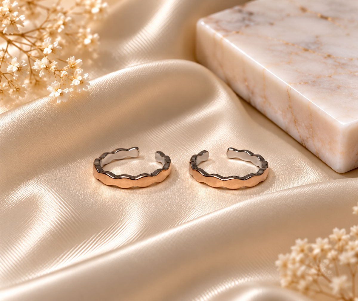 925 Sterling Silver Ripple Curve Band Toe Rings (2 Rings)