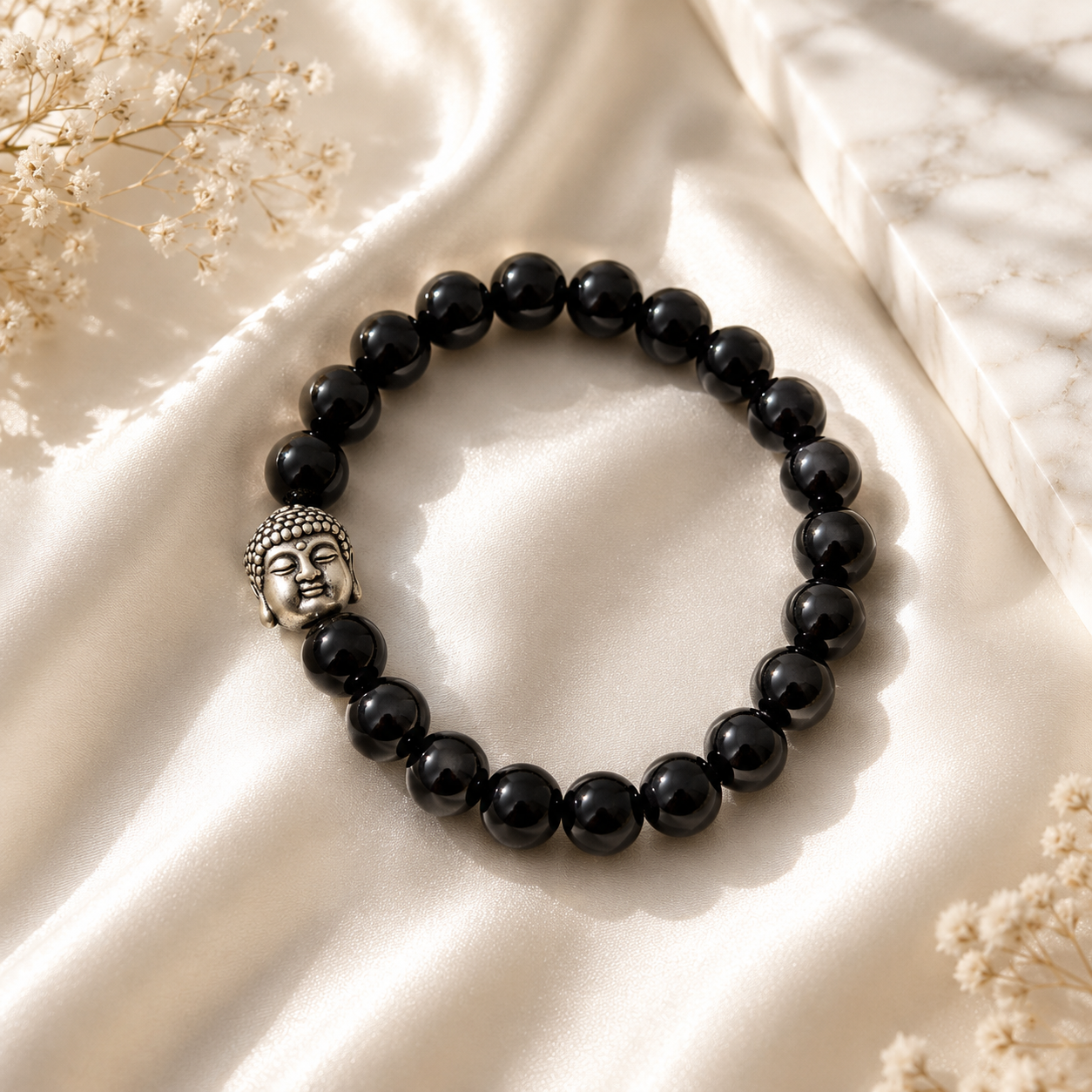 Black Beads Buddha Stretchable Bracelet – 925 Sterling Silver | Unisex