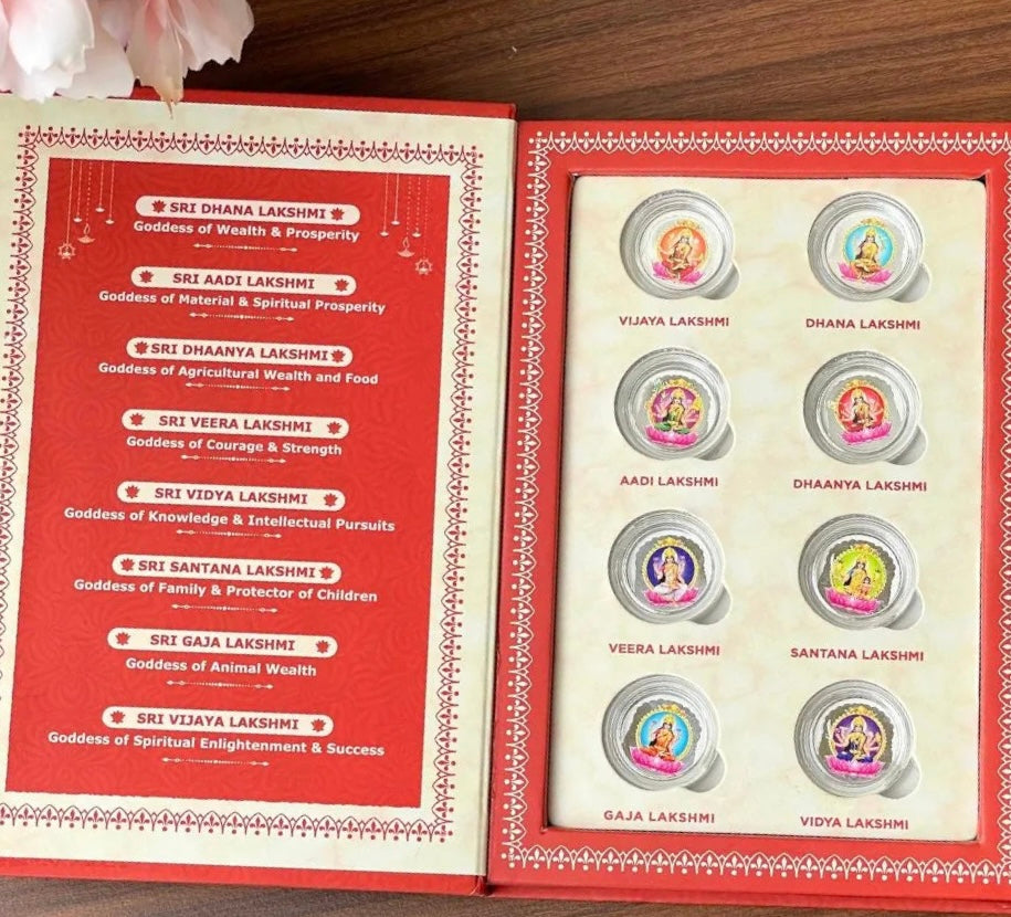 Pure 999 Silver Ashtalakshmi Coin Set (1 gram each, set of 8 coins)  | Festive Coin Gifting