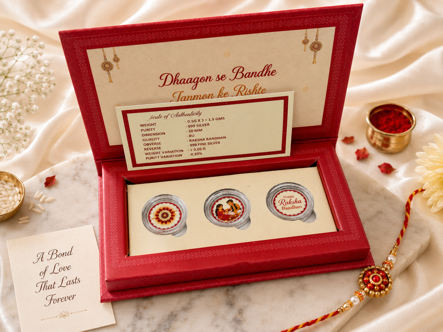 Box of Blessings Rakhi Gift – 999 Pure Silver Coin Gift set ( 0.5 g each * 3 = Total 1.5 grams)