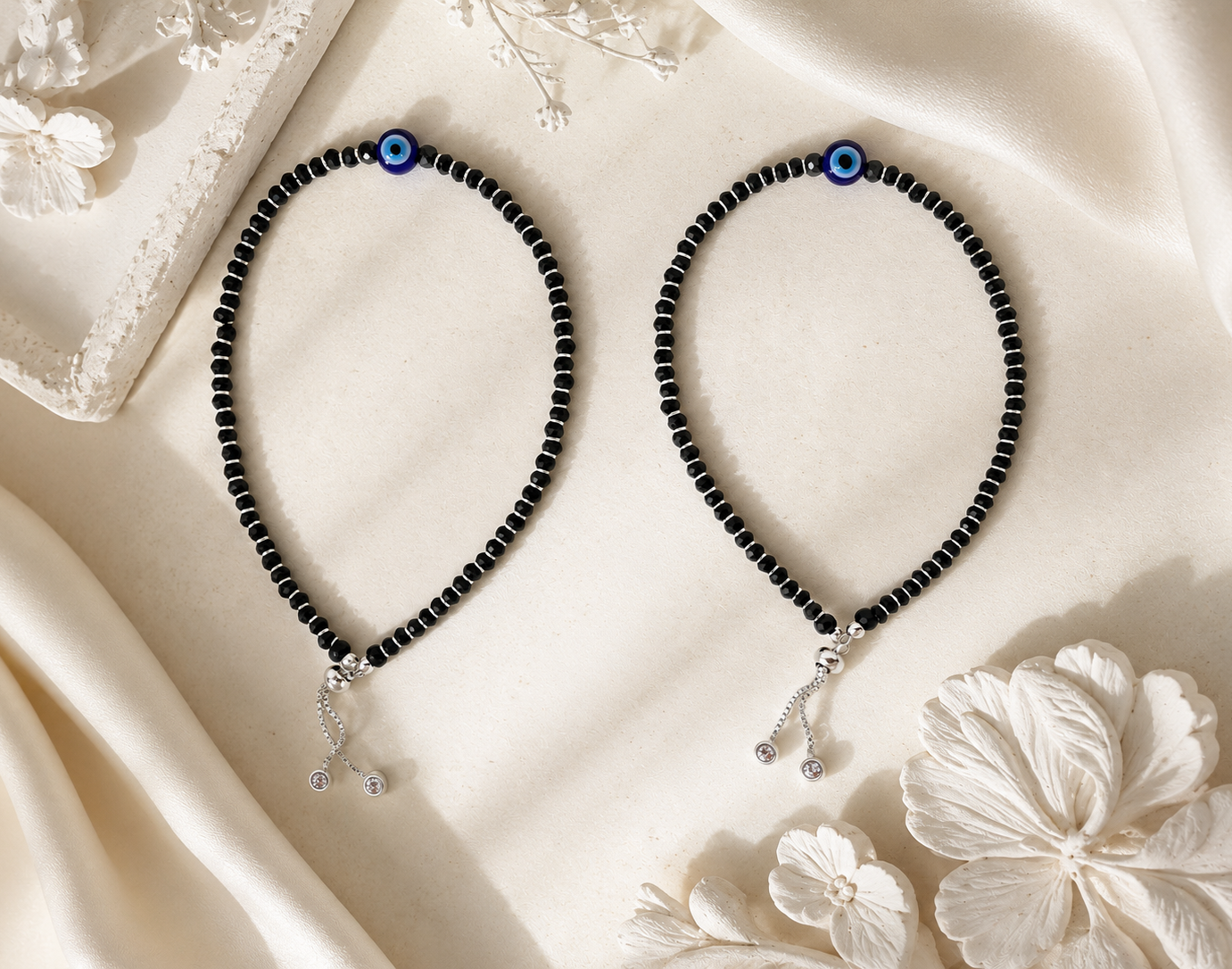 925 Sterling Silver Evil Eye Black Beads Nazariya Adjustable Anklet | Single