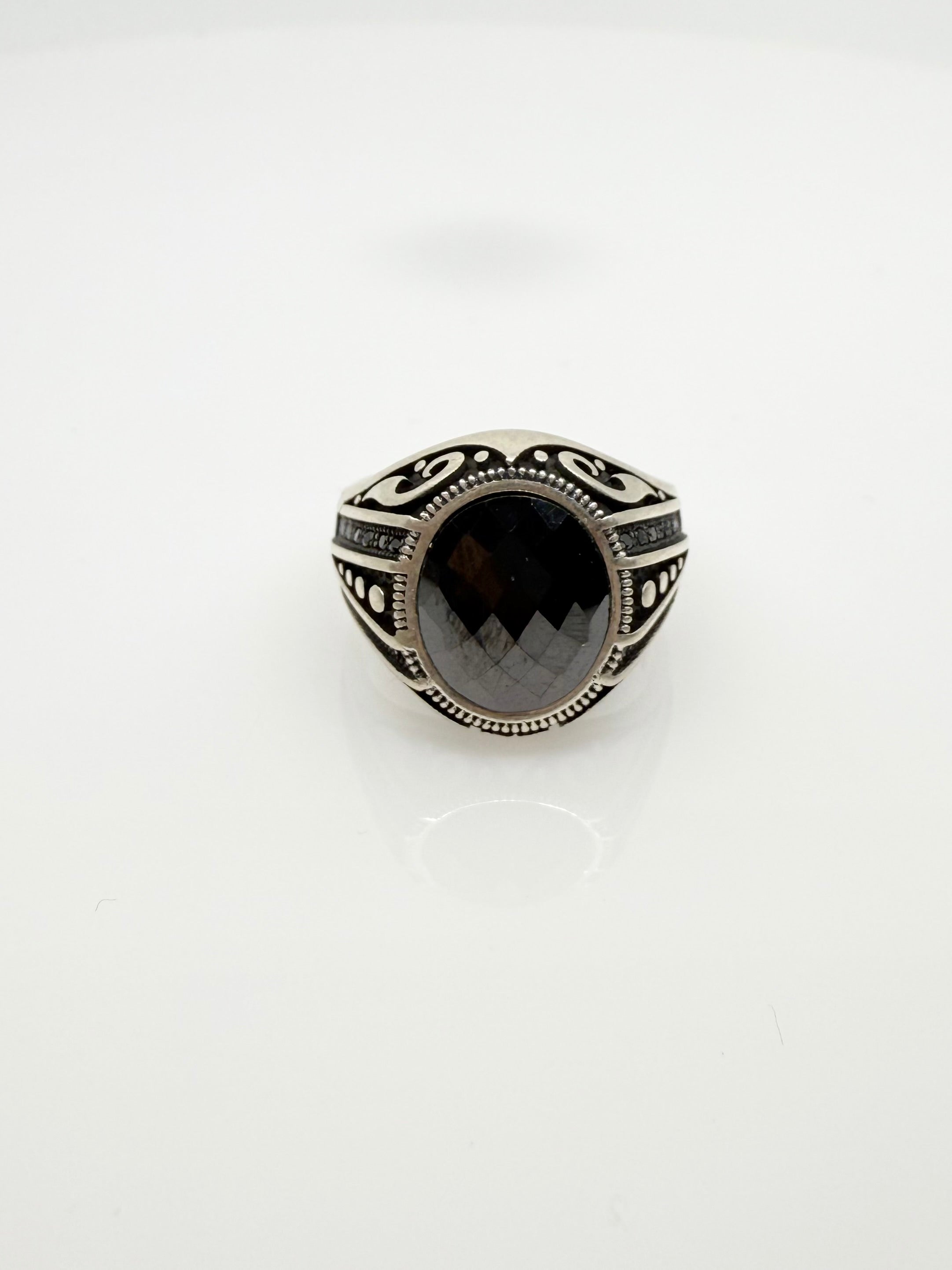 925 Oxidised Silver Ring for Men | Oval Black Stone