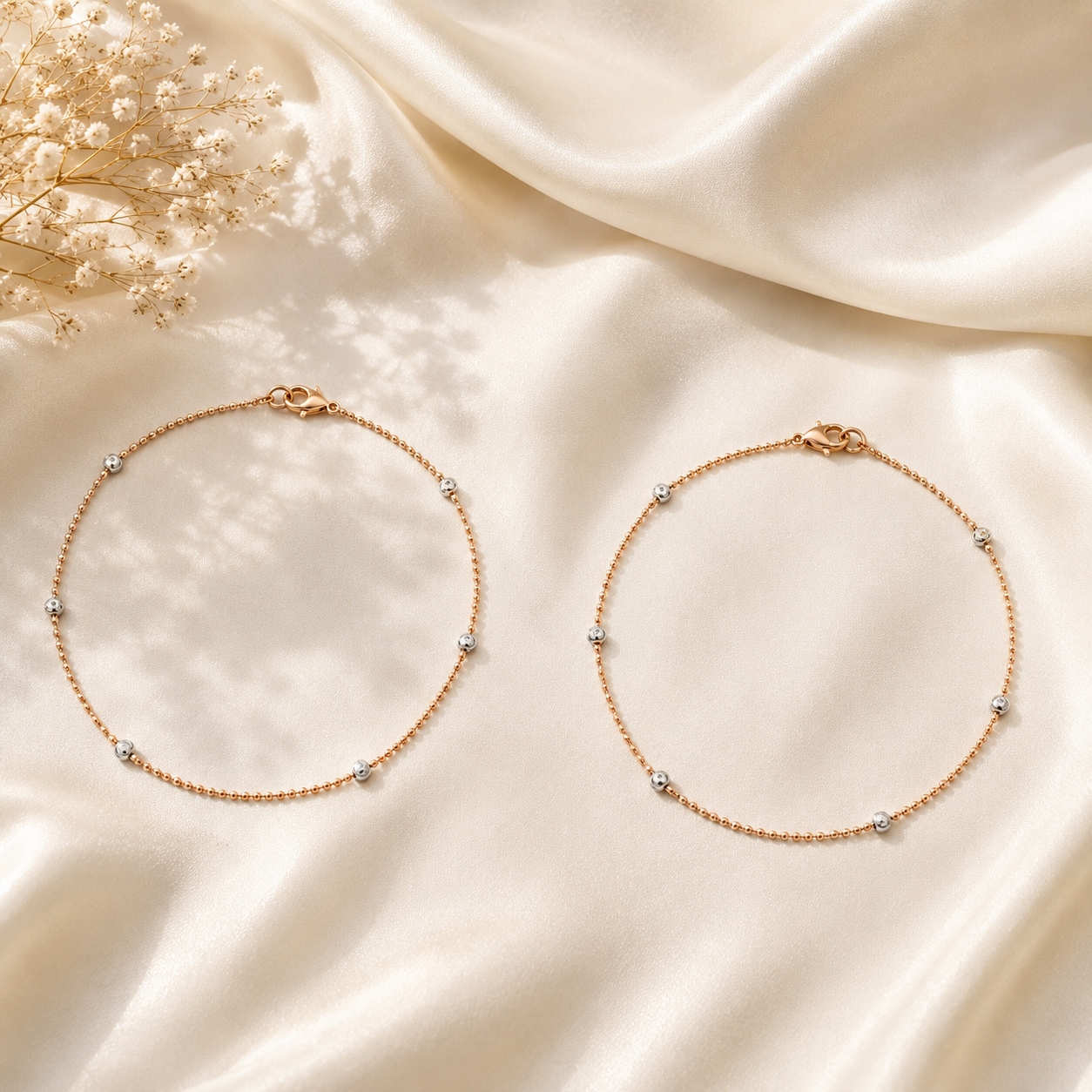 925 Sterling Silver Rose Gold Beaded Anklets | Pair