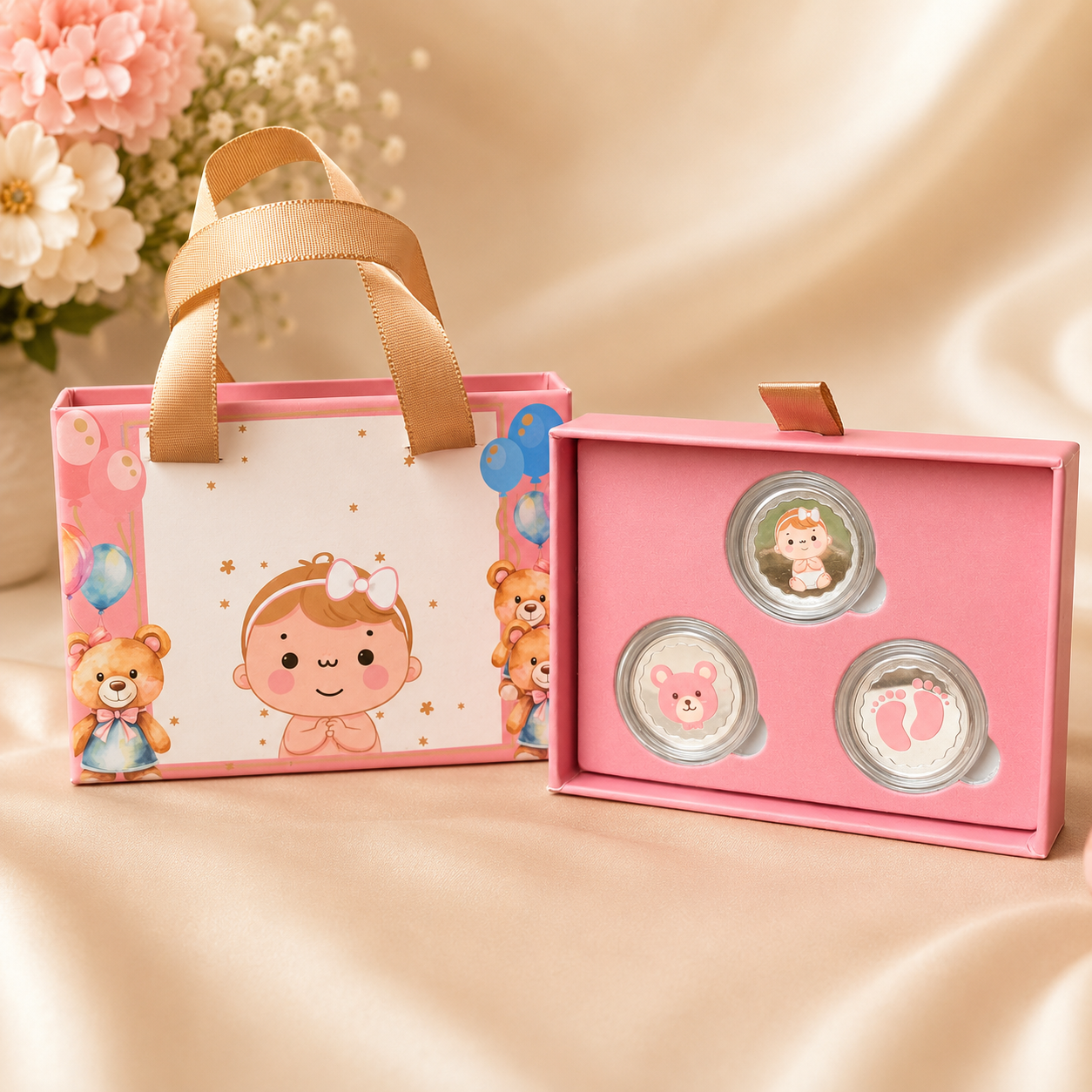 999 Pure Silver Baby Girl Premium Gift Box – Set of 3 Coins (2.5 g x 3= 7.5 grams)