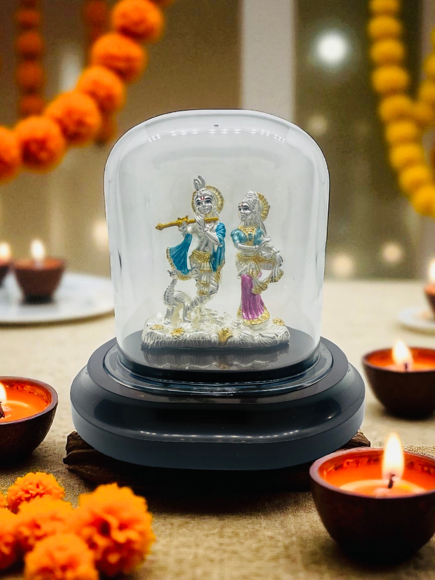 Emerald Pure 999 Silver Radha Krishna Idol with Acrylic Base for Pooja/Gift