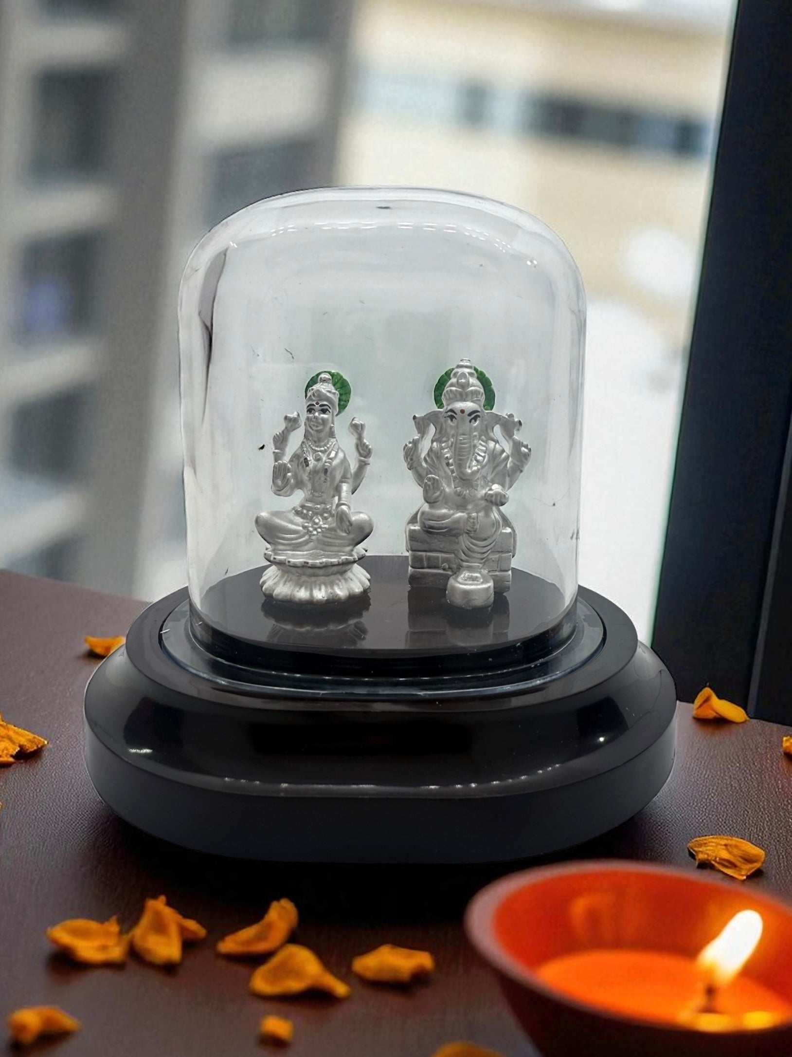 Emerald Pure 999 Silver Lakshmi Ganesh Pair Idols with Acrylic Base for Pooja/Gift