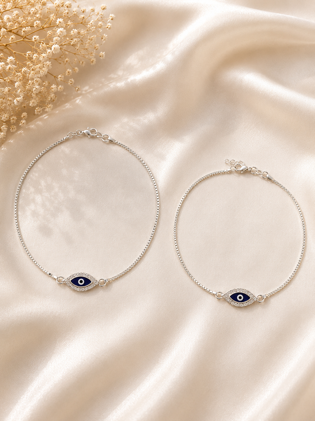 925 Sterling Silver Evil Eye Anklets | Pair