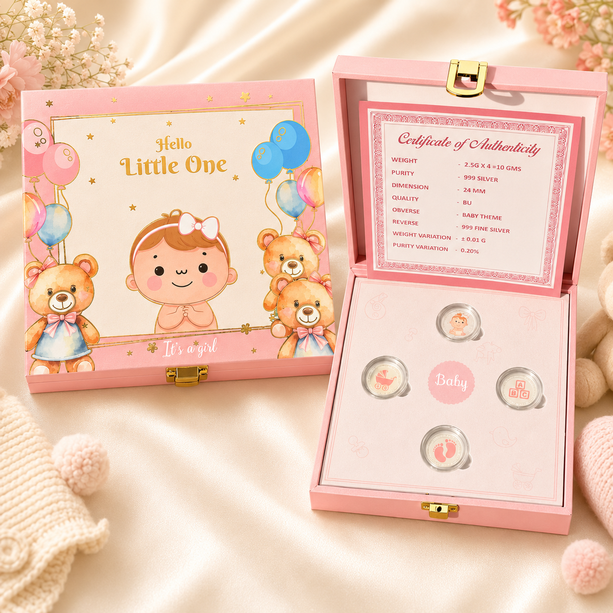 999 Pure Silver Welcome Baby Girl Celebration Coin Gift Box – Set of 4 Coins ( 2.5 g x 4 = 10 grams)
