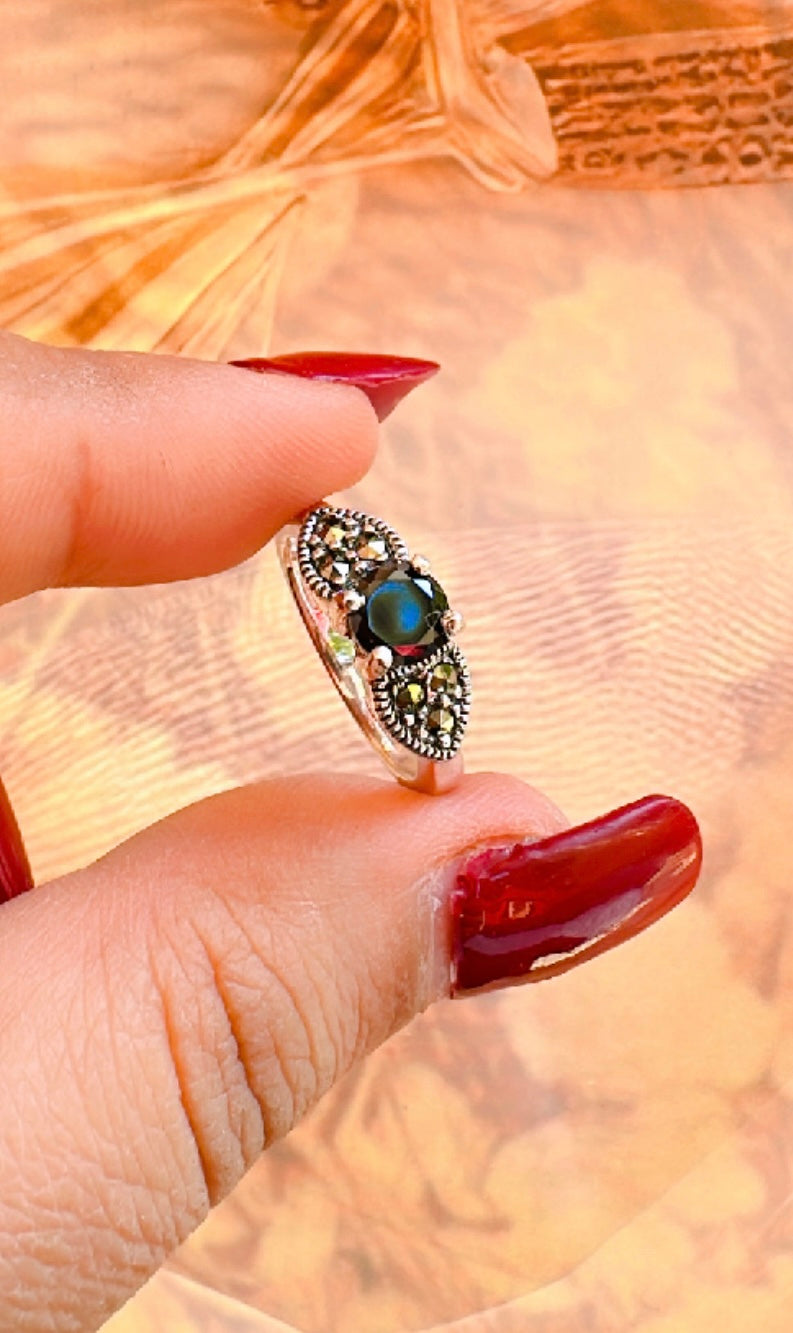 925 Sterling Silver Black Onyx Glow Marcasite Women Ring