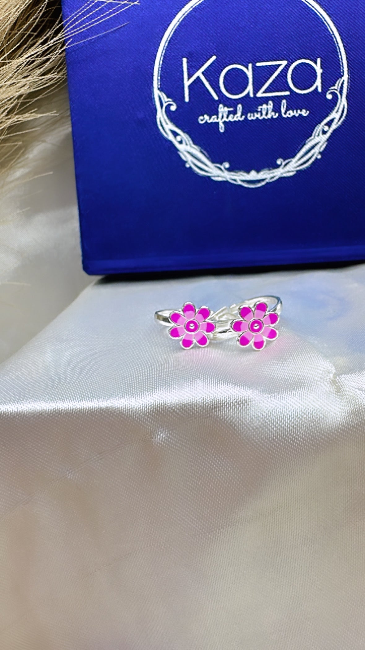 925 Oxidised Silver Toe Rings (2 Rings) Big Pink Flower |  Free Size