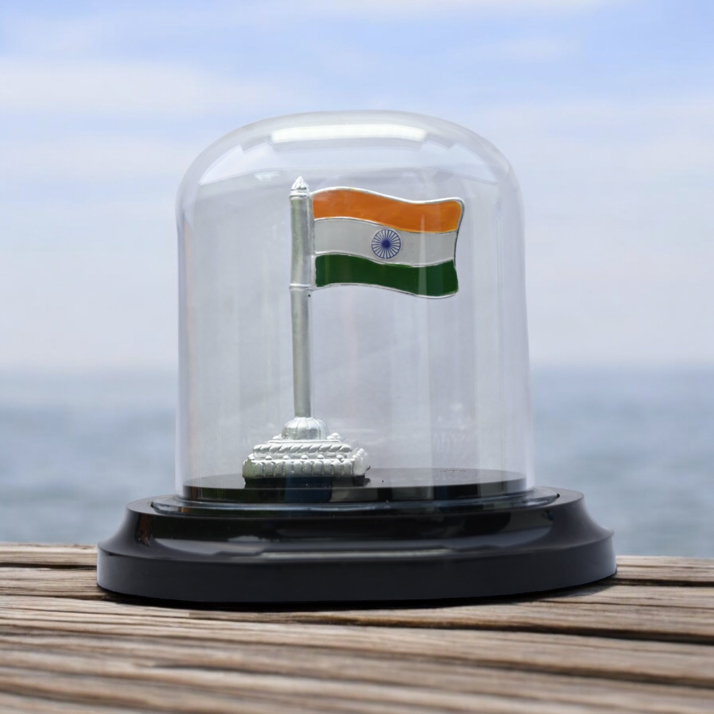 EMERALD 999 PURE SILVER INDIAN FLAG WITH ACRYLIC BASE