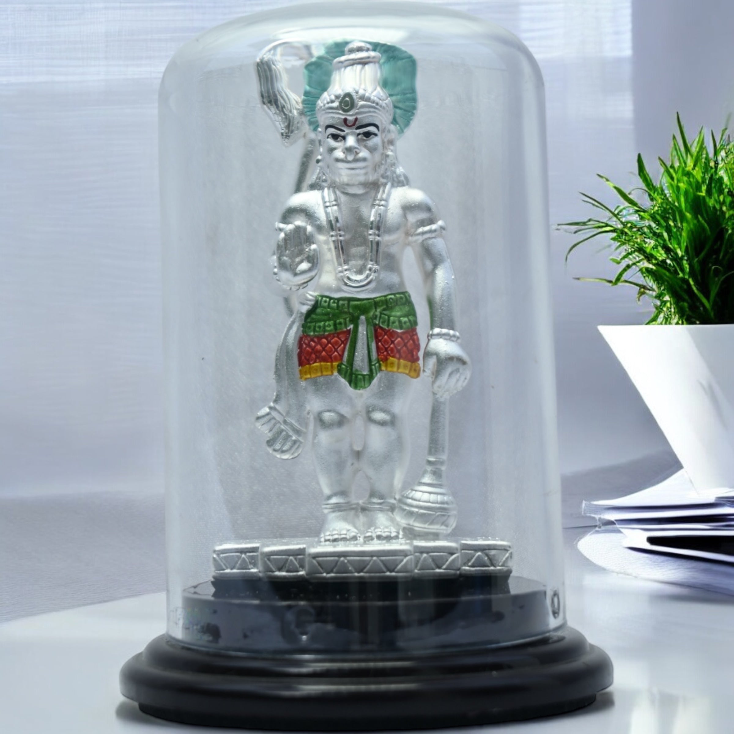 Emerald Pure 999 Silver Hanuman Idol with Acrylic Base for Pooja/Gift