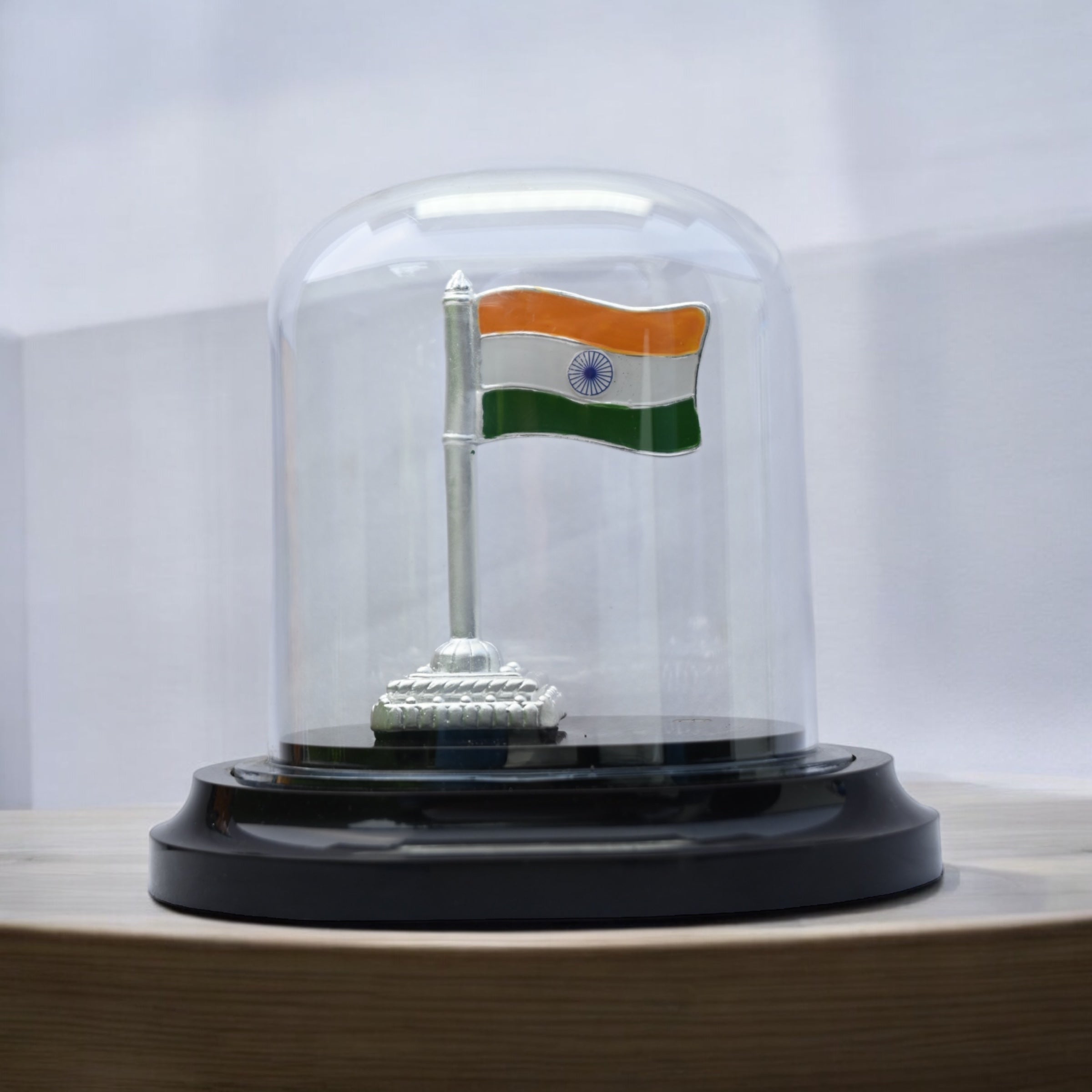 EMERALD 999 PURE SILVER INDIAN FLAG WITH ACRYLIC BASE