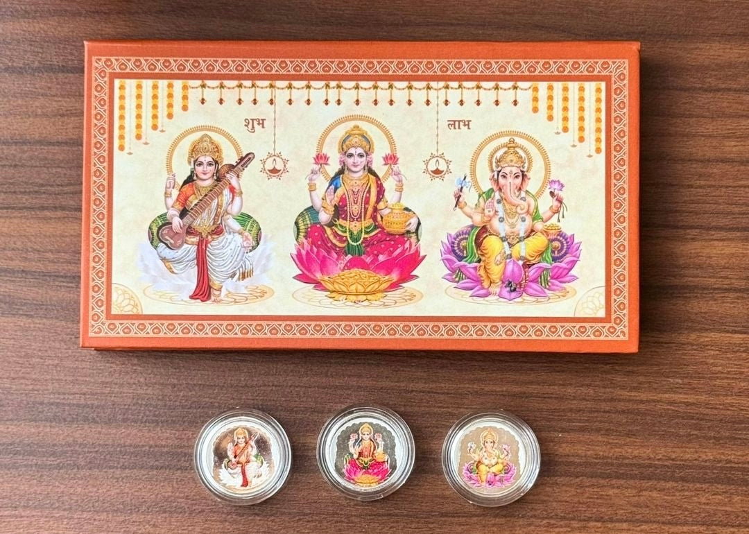 999 SILVER LAXMI GANESH SARASWATI COIN SET 3 Coins (1 GM Each ) | 999 PURITY SILVER COIN | FESTIVE COIN GIFTING