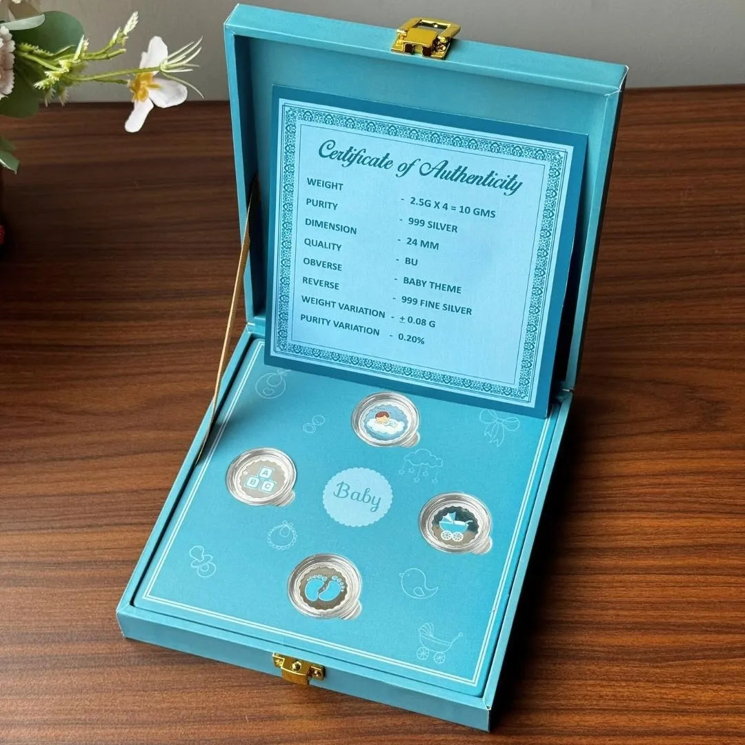 Hello Little One Baby Boy 10 Gram Silver Coin Box (4 Coins) - 999 Purity Silver Coins.                                                              New Born Baby Coin, Return Gifts For Baby Shower, Silver Coin For Gift | For Kids 999 Purity Silver Coins